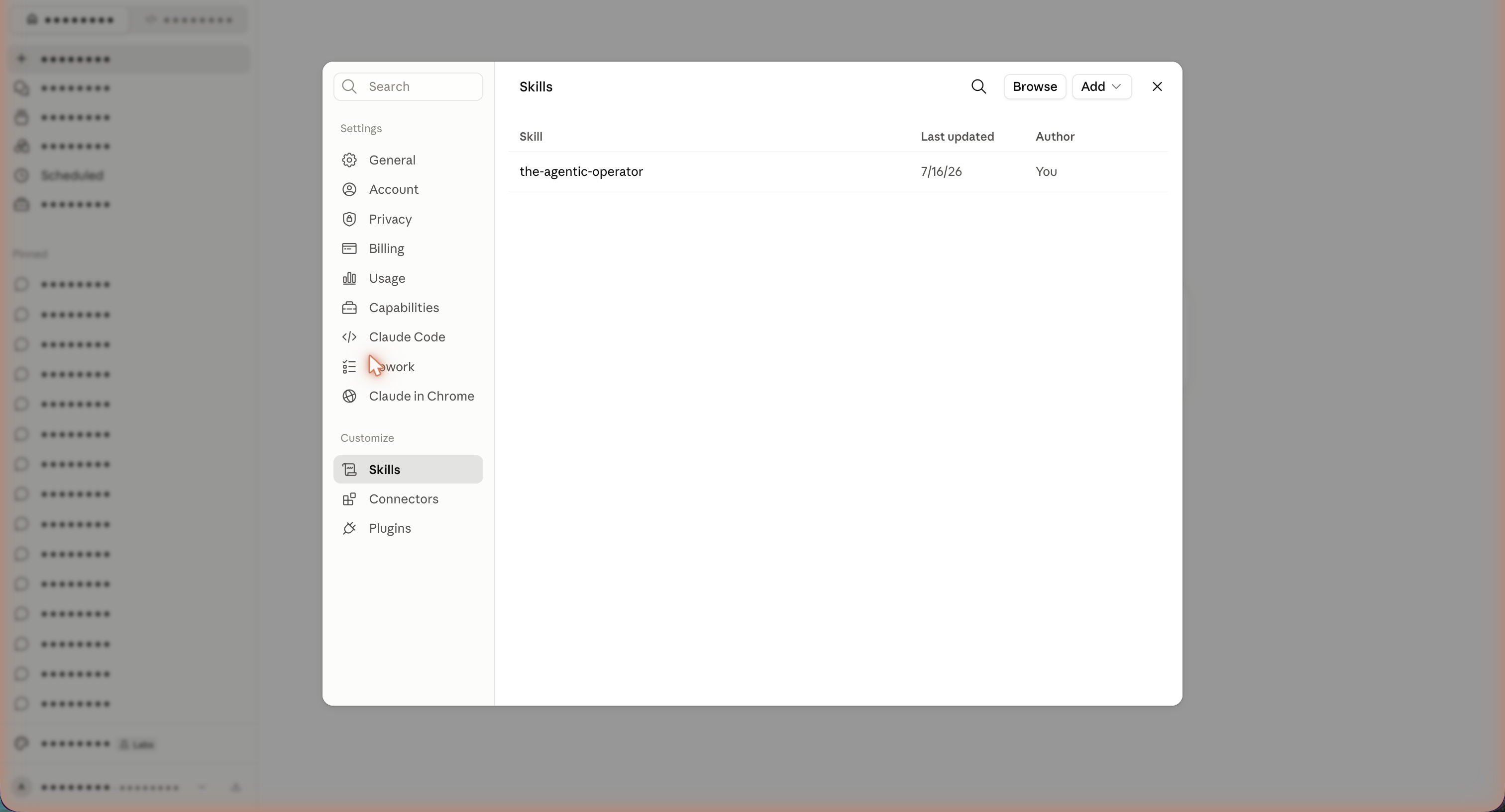 Claude.ai Settings menu with Skills under Customize highlighted