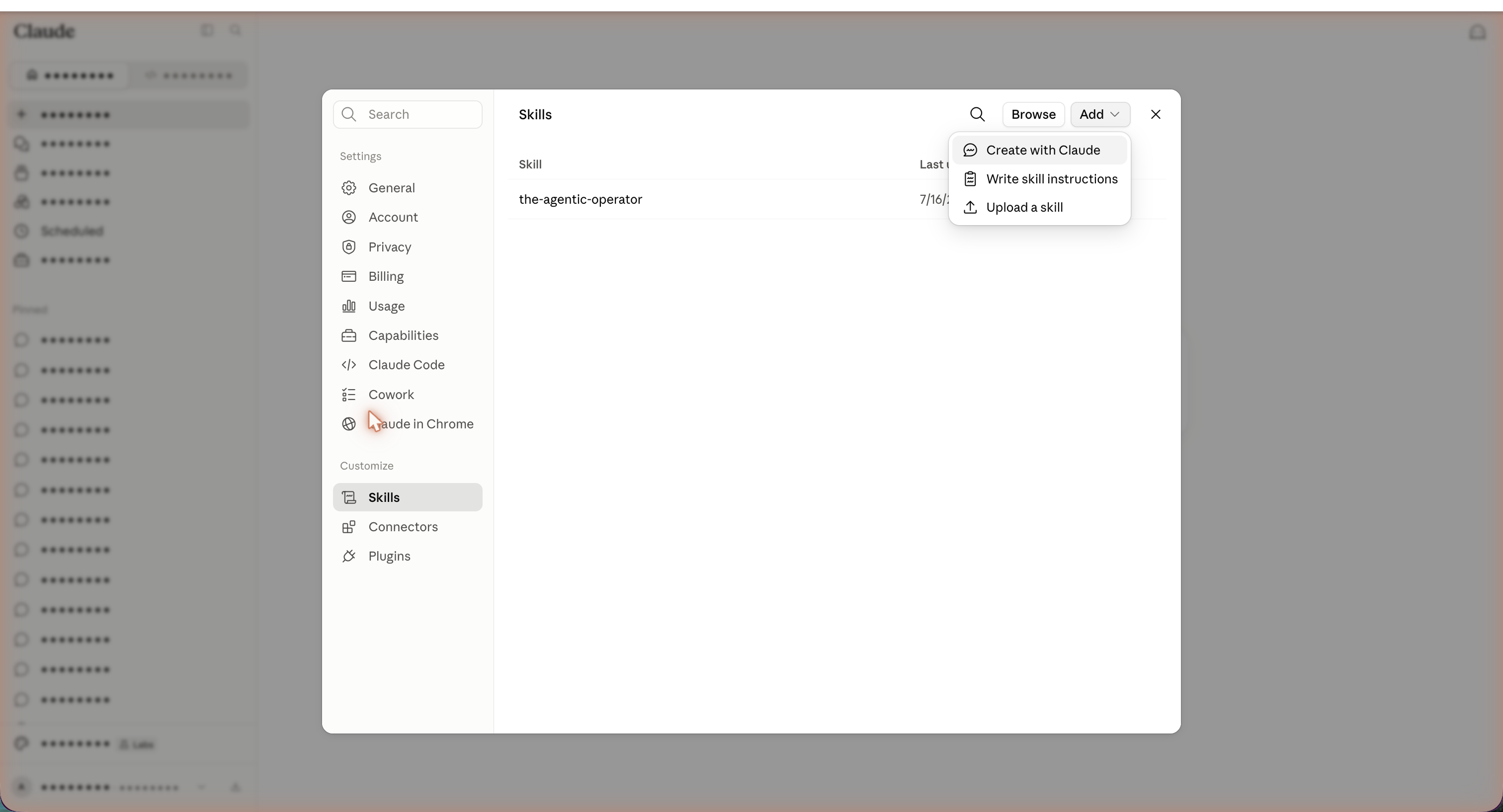 Claude.ai Skills tab open with Upload skill button visible