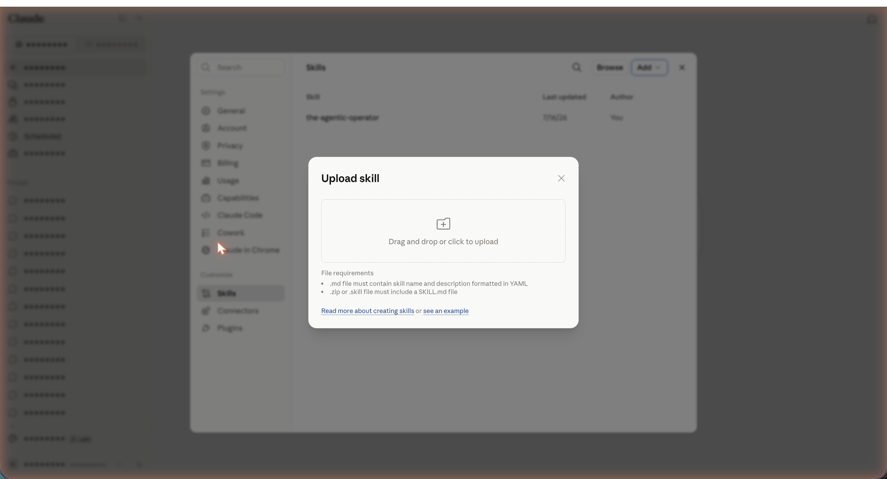 Upload dialog with the-agentic-operator.skill file selected